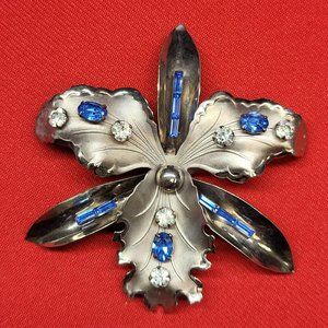 VTG Orchid 3D Large Flower Brooch Clear & Blue Rhinestones Silver Tone Statement